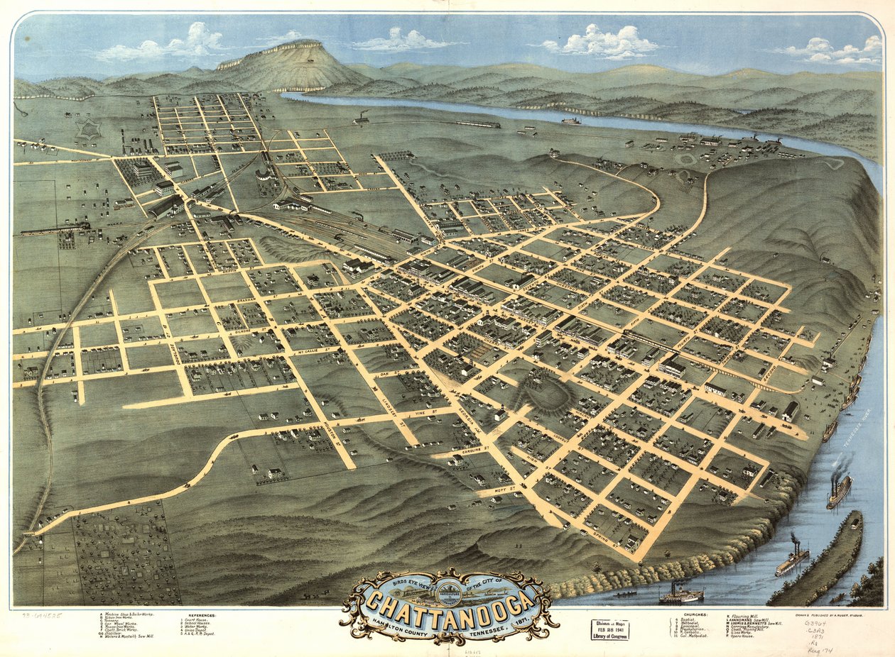 Fugleperspektiv af byen Chattanooga, Hamilton County, Tennessee 1871. af A. Ruger