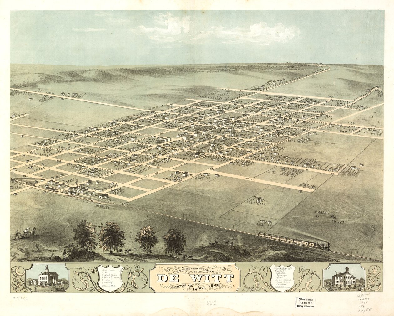 Fugleperspektiv af byen De Witt, Clinton Co, Iowa 1868. LOC 73693396 af A. Ruger