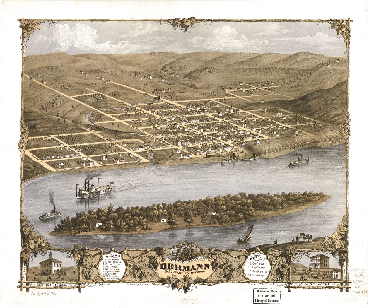 Fugleperspektiv af byen Hermann, Gasconade County, Missouri 1869. LOC 73693476 af A. Ruger