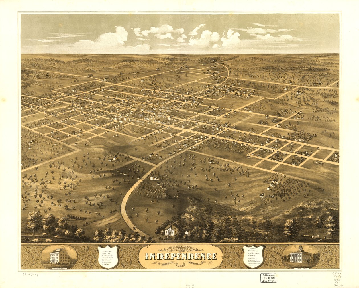 Fugleperspektiv af byen Independence, Jackson Co, Missouri 1868. LOC 73693478 af A. Ruger