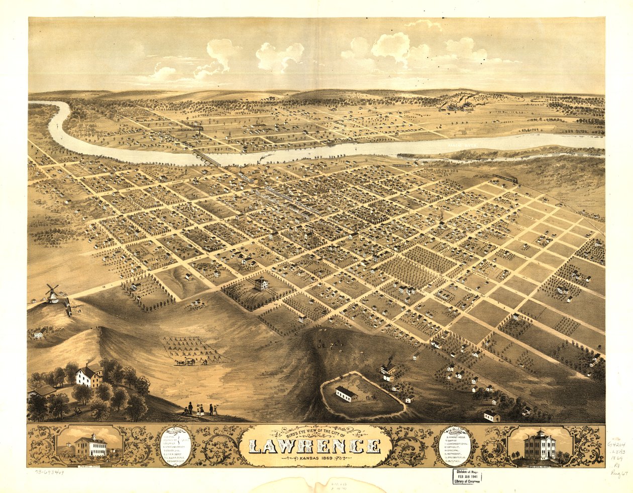 Fugleperspektiv af byen Lawrence, Kansas 1869. LOC 73693409 af A. Ruger