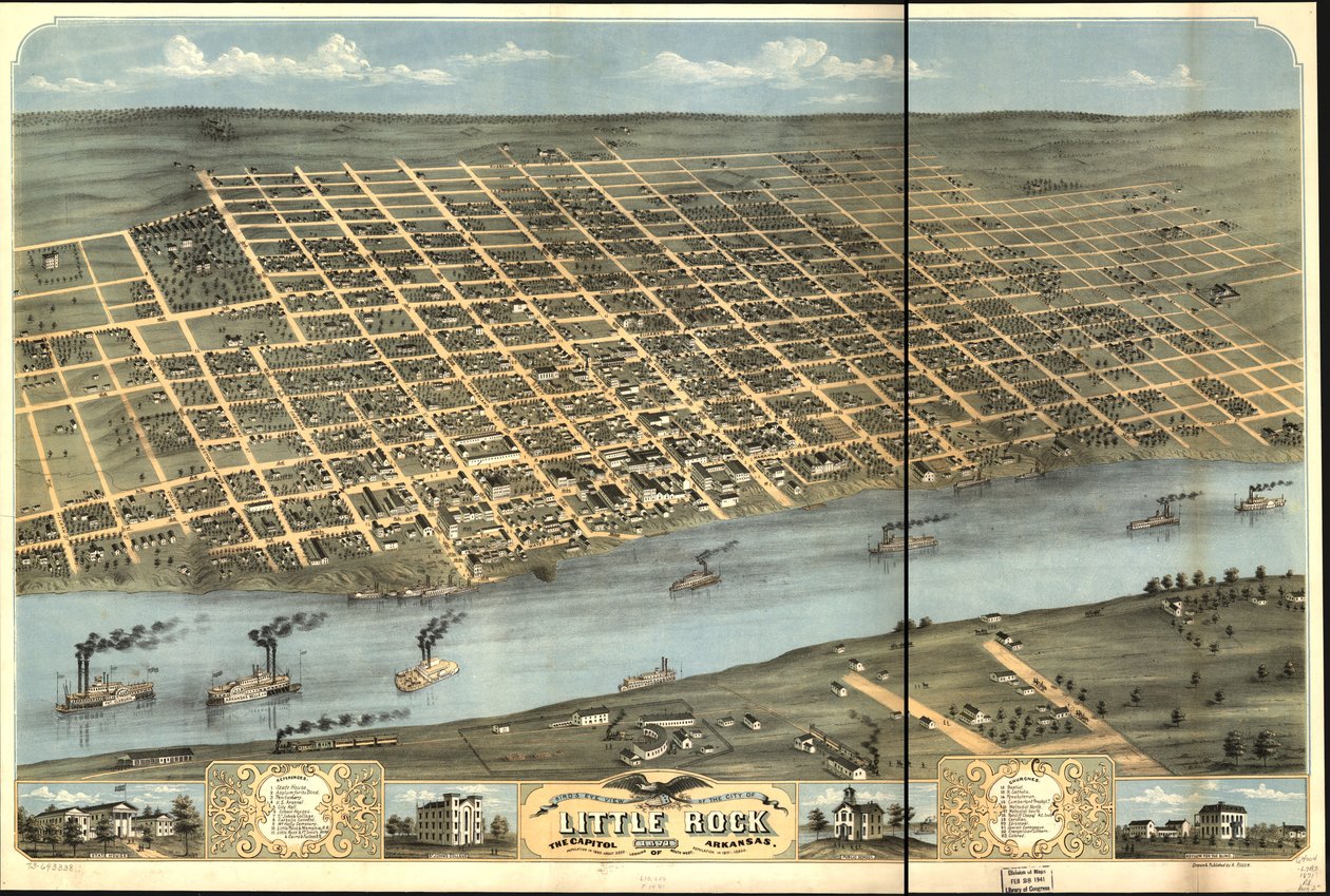Fugleperspektiv af byen Little Rock, hovedstaden i Arkansas 1871. af A. Ruger