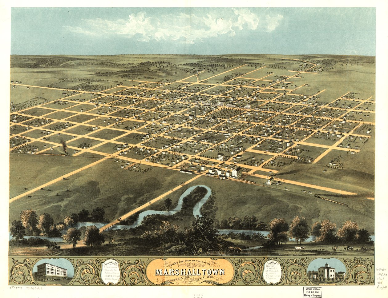 Fugleperspektiv af byen Marshalltown, Marshall County, Iowa 1868. LOC 73693402 af A. Ruger