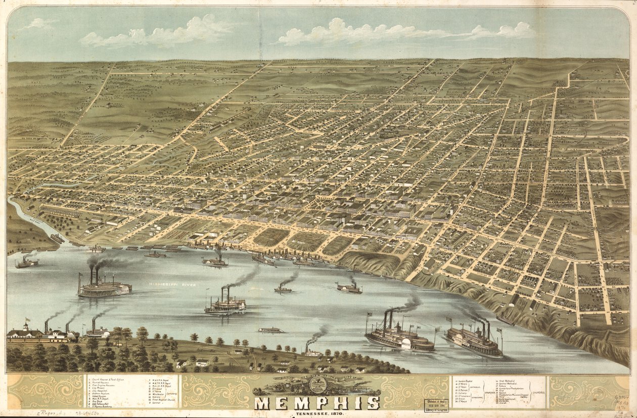 Fugleperspektiv af byen Memphis, Tennessee 1870. LOC 73694530 af A. Ruger