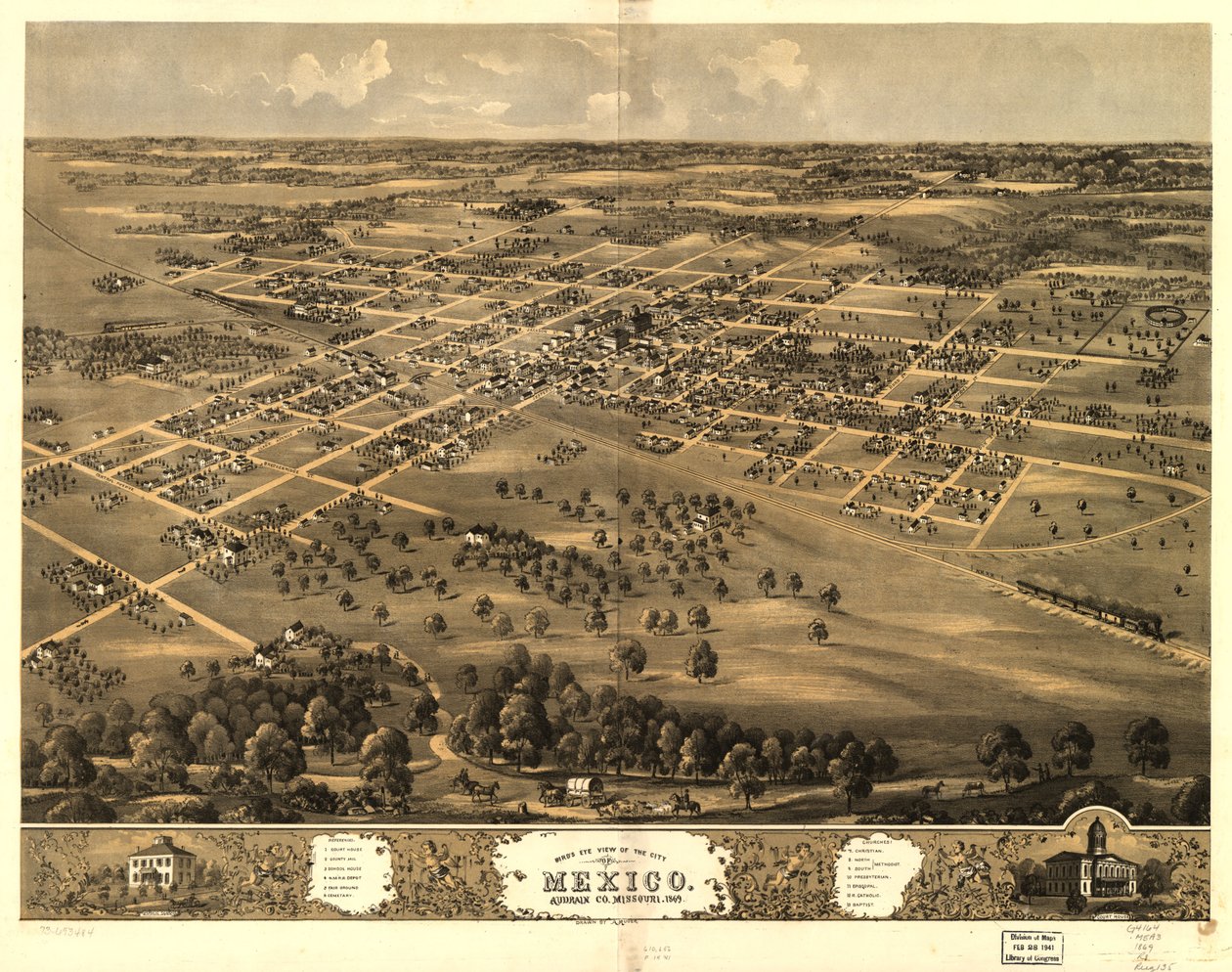 Udsigt i fugleperspektiv over byen Mexico, Audrian Co. i Missouri 1869. LOC 73693484 af A. Ruger