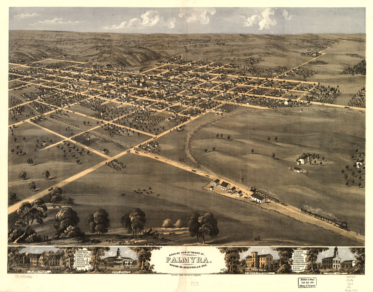 Fugleperspektiv af byen Palmyra, Marion Co, Missouri, år 1869. LOC 73693486 af A. Ruger