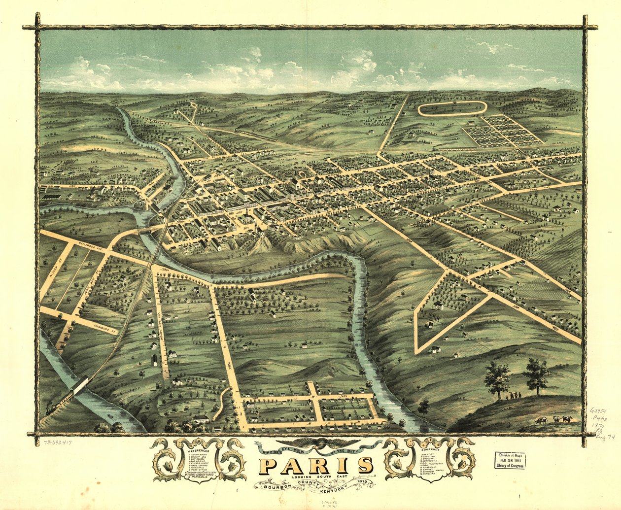 Udsigt i fugleperspektiv over byen Paris, Bourbon County, Kentucky 1870. LOC 73693417 af A. Ruger