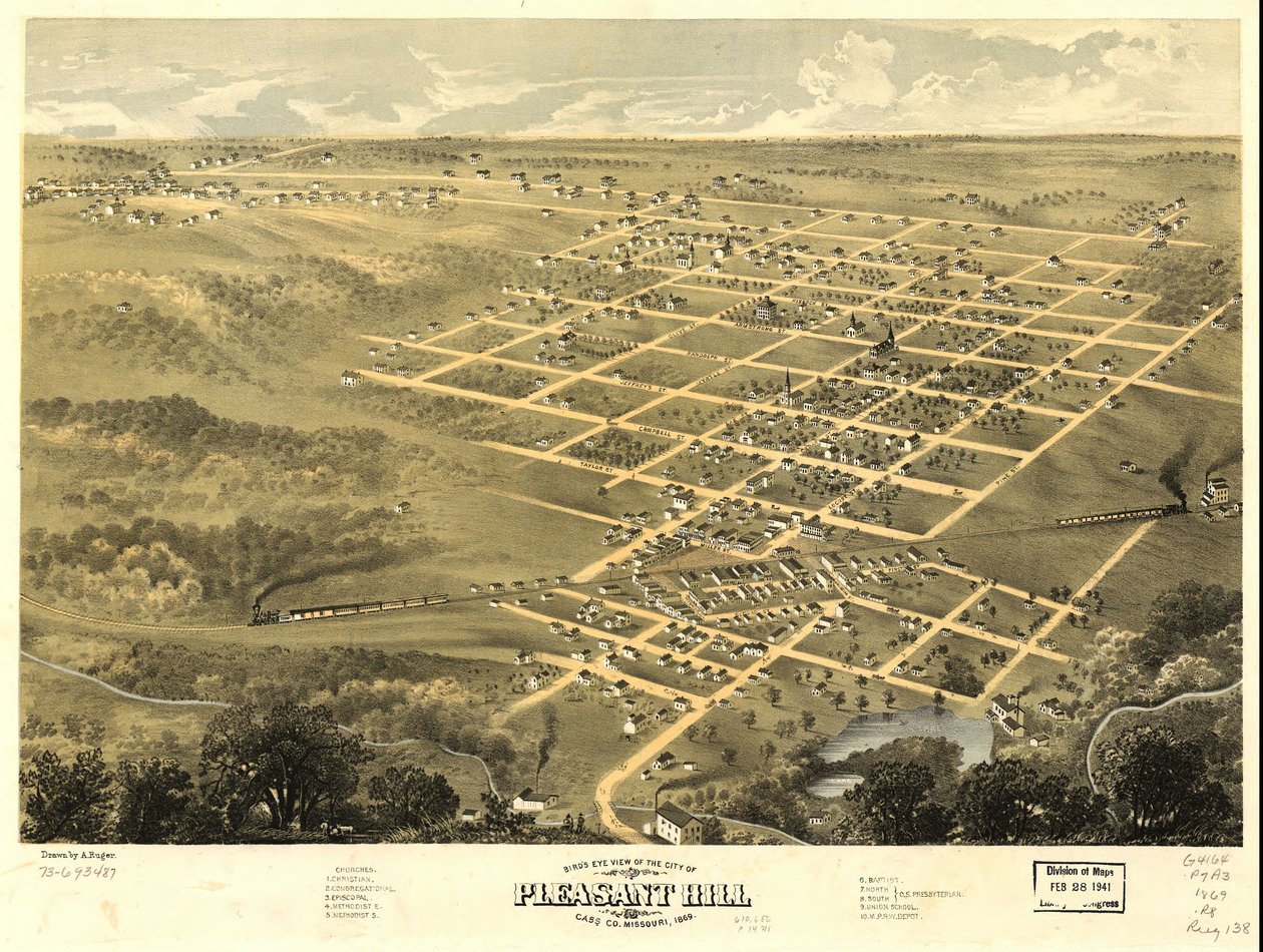 Fugleperspektiv af byen Pleasant Hill, Cass Co, Missouri 1869. LOC 73693487 af A. Ruger