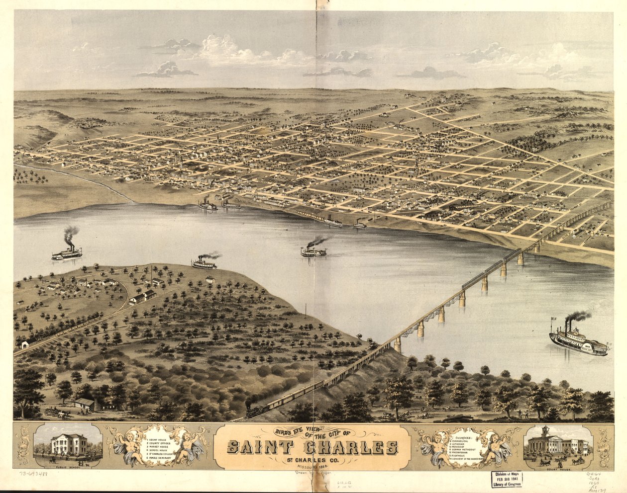 Fugleperspektiv af byen Saint Charles, St. Charles Co., Missouri 1869. LOC 73693488 af A. Ruger