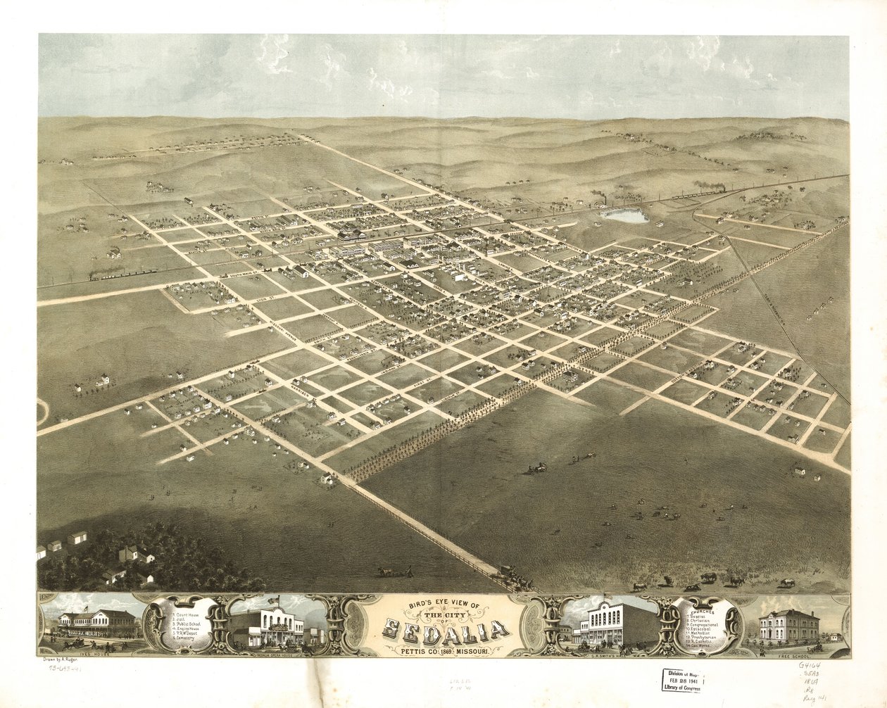 Fugleperspektiv af byen Sedalia, Pettis Co., Missouri 1869. LOC 73693491 af A. Ruger