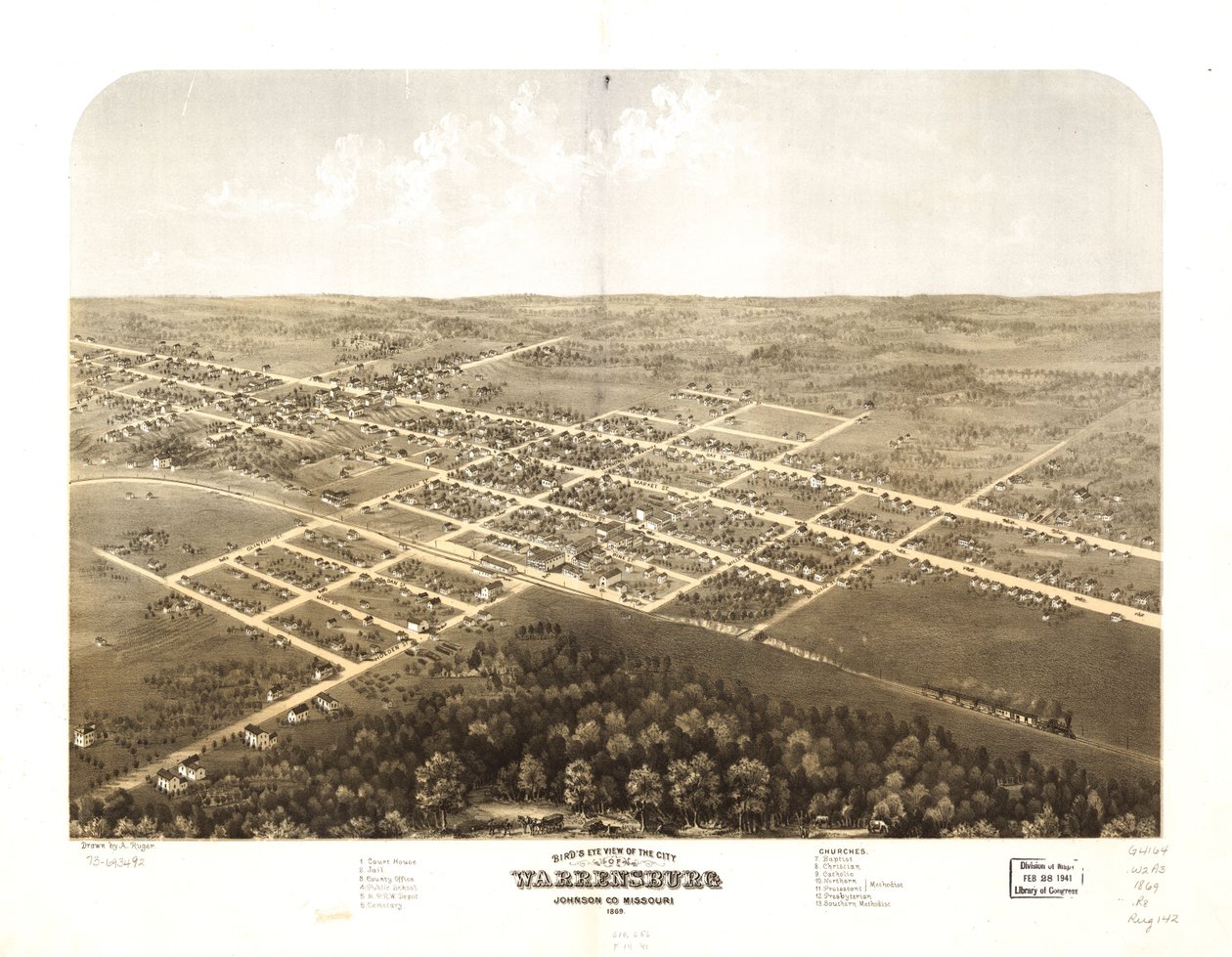 Fugleperspektiv af byen Warrensburg, Johnson Co, Missouri 1869. LOC 73693492 af A. Ruger