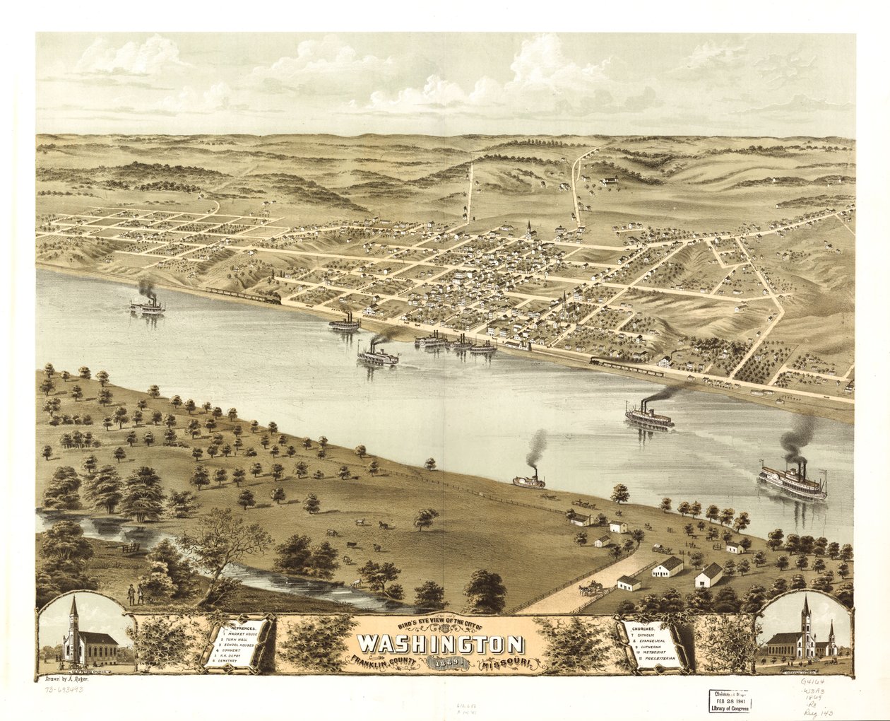 Udsigt i fugleperspektiv over byen Washington, Franklin County, Missouri 1869. LOC 73693493 af A. Ruger