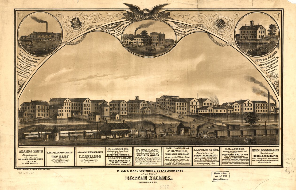 Møller og produktionsvirksomheder i byen Battle Creek, Calhoun Co., Mich. LOC 73693421 af A. Ruger