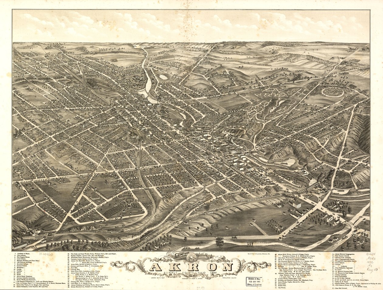 Panoramaudsigt over byen Akron, Summit County, Ohio 1882 af A. Ruger Ruger