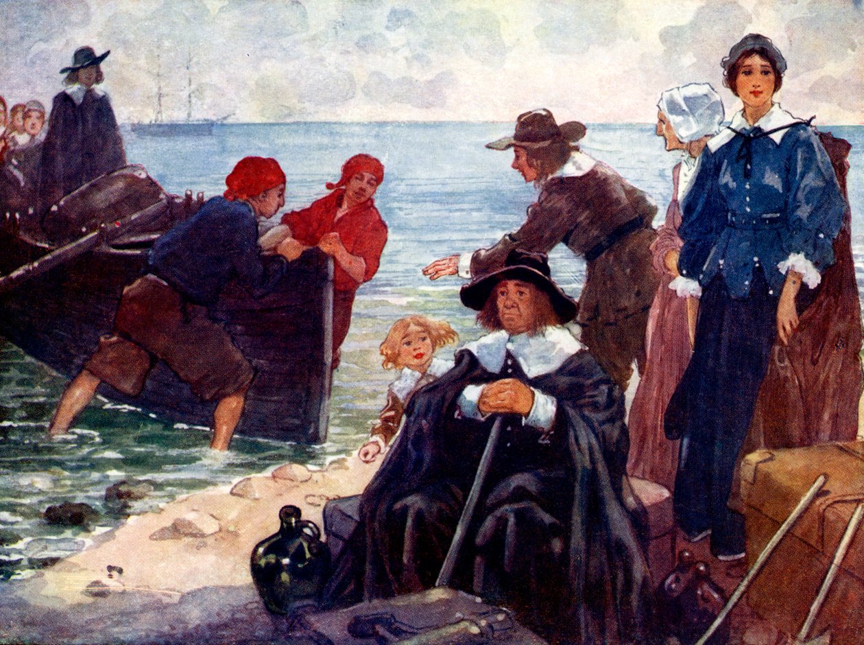 En flok eksil sætter deres bark på den vilde New England-kyst, 1620, 1905. af A. S. Forrest