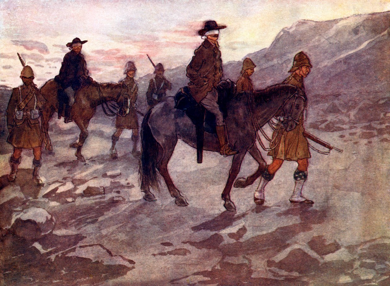 Boerlederne fik bind for øjnene og bevogtet af soldater fra Black Watch, 1902, 1905. af A. S. Forrest