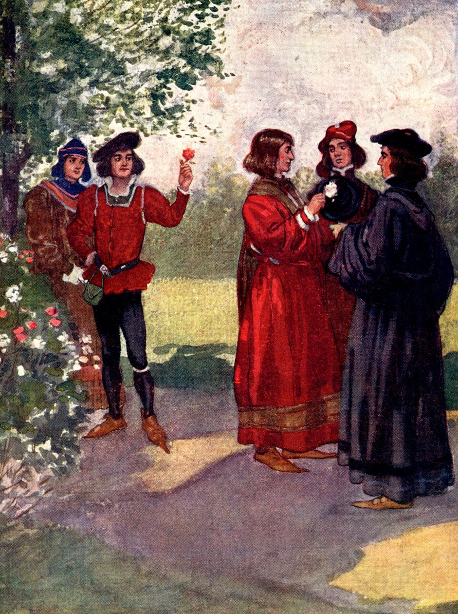 ...Adelsmændene plukkede røde eller hvide roser og satte dem i deres huer, 1400-tallet, 1905. af A. S. Forrest