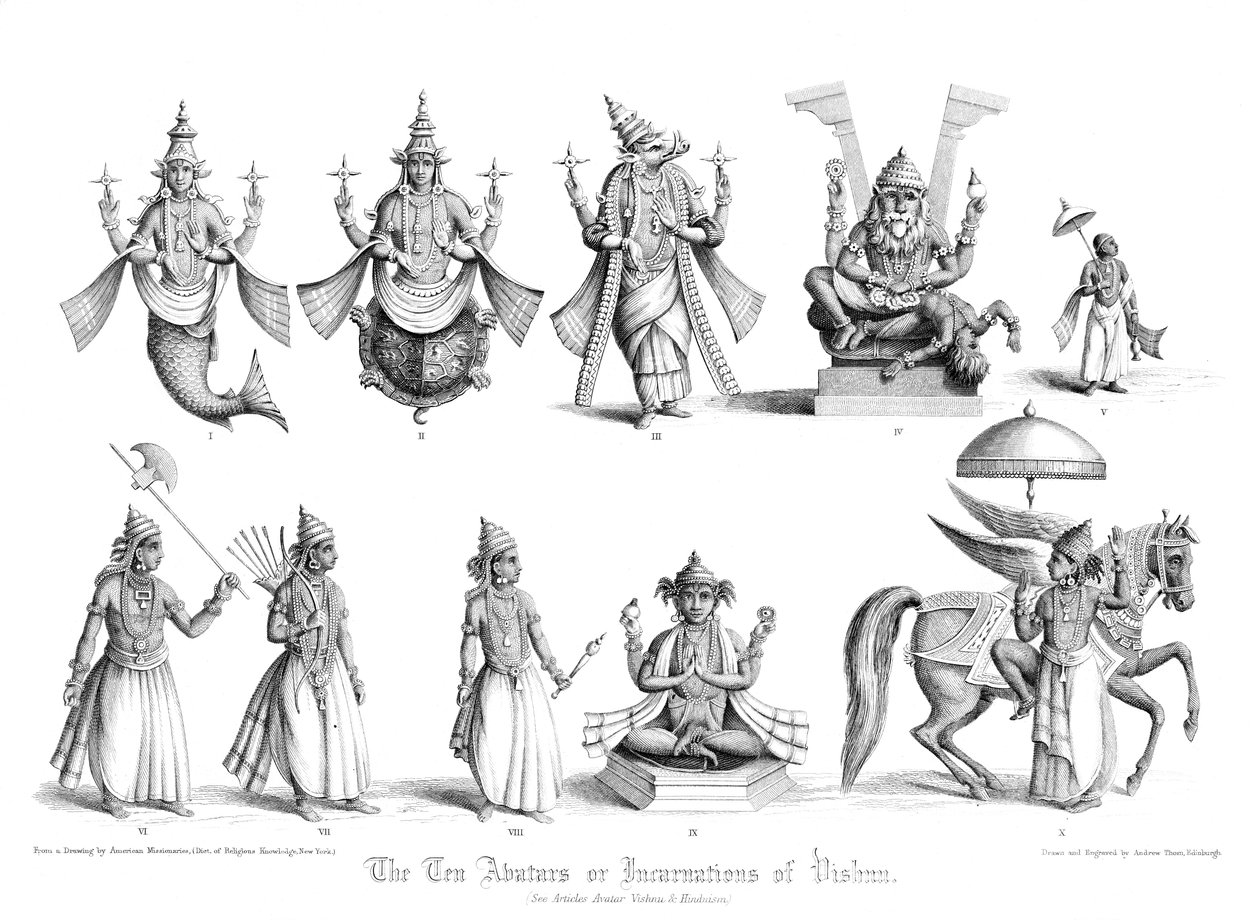 De ti avatarer eller inkarnationer af Vishnu. af A. Thom