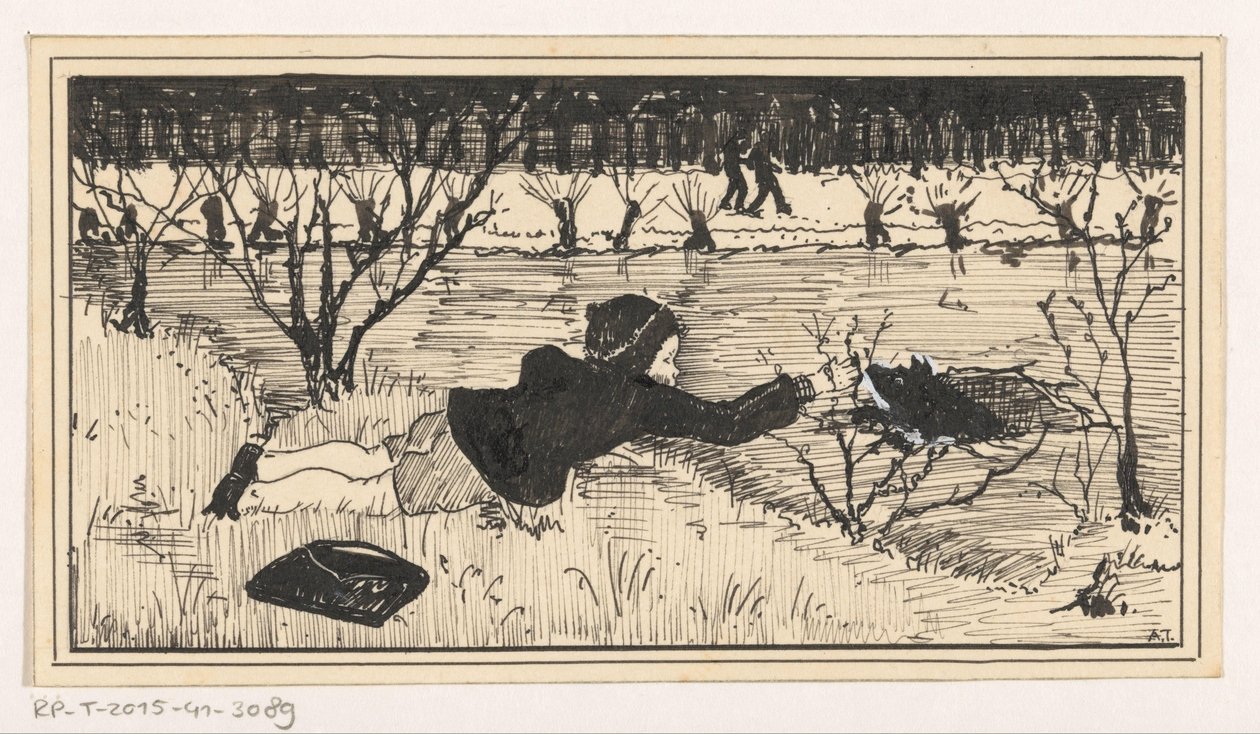 Pigen forsøger at redde hunden fra kølvandet af A. Tinbergen (signed by artist)