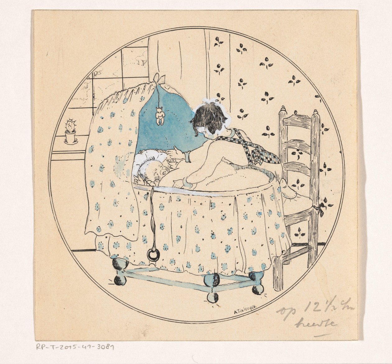 Pigen vil løfte baby ud af vuggen af A. Tinbergen (signed by artist)