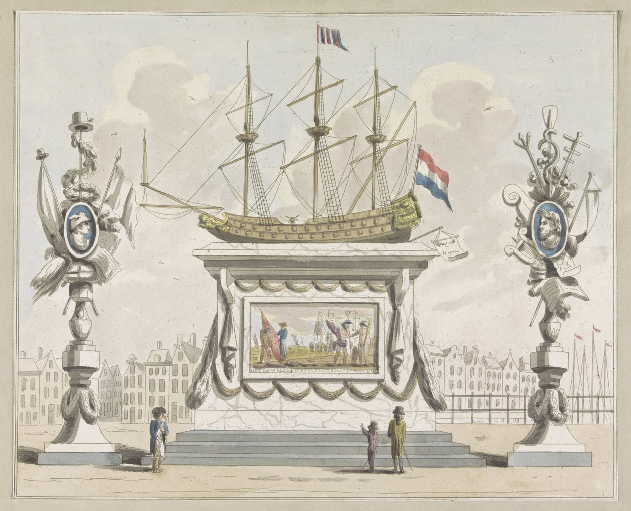 Handel og forsendelse, dekoration på Nieuwmarkt, 1795 Ti plader med dekorationerne ved Alliantiefeest i Amsterdam i 1795 (serietitel) af A. Verkerk