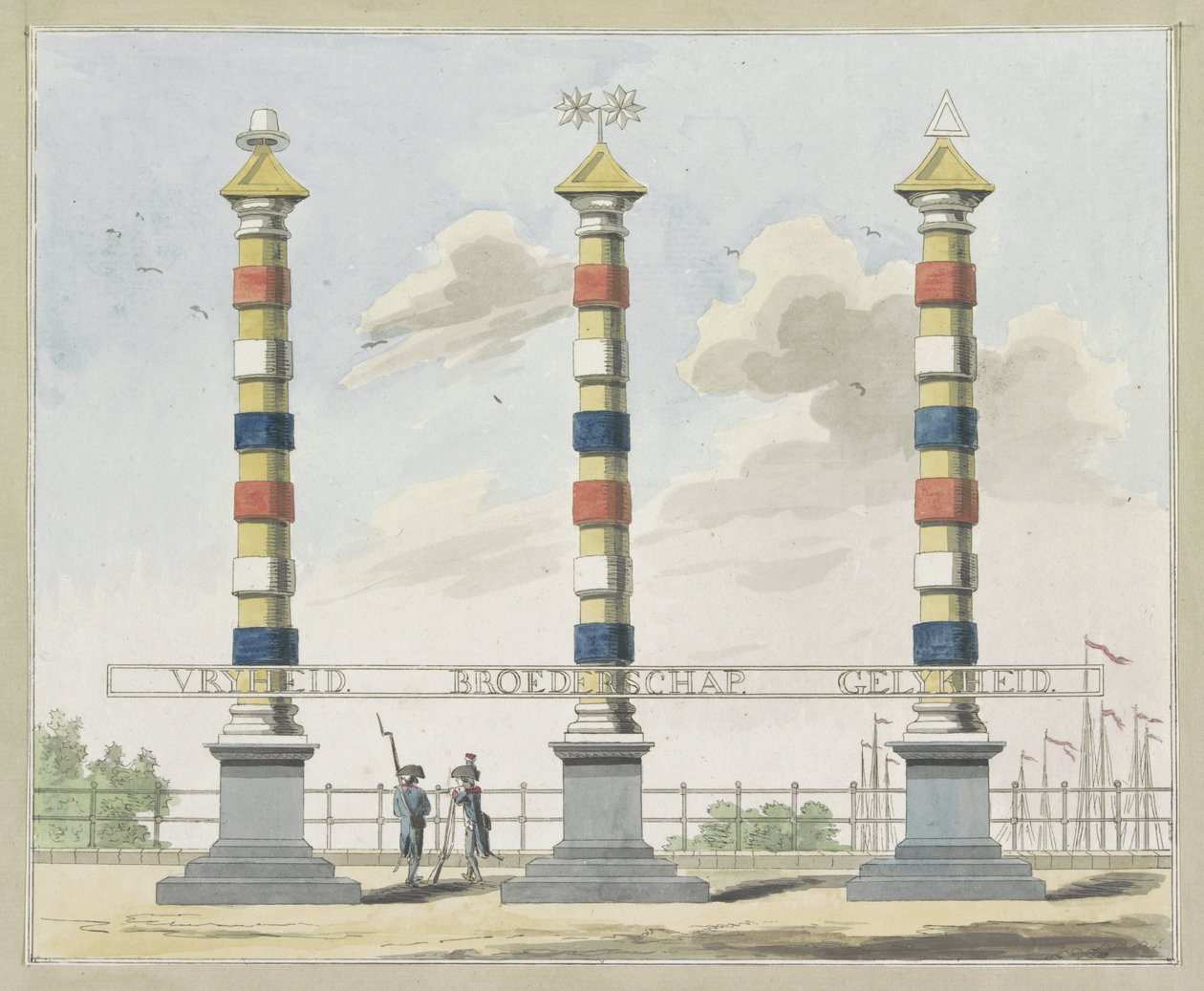 Frihed, Broderskab og Ligestilling, dekoration på Hogesluis, 1795 Ti plader med dekorationerne ved Alliantiefeest i Amsterdam i 1795 af A. Verkerk