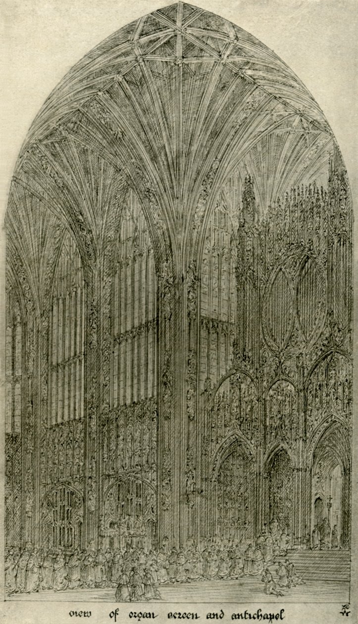 Arkitektonisk tegning: udsigt over orgelskærm og antikapel, 1833-1834, 1906. af A. W. N. Pugin