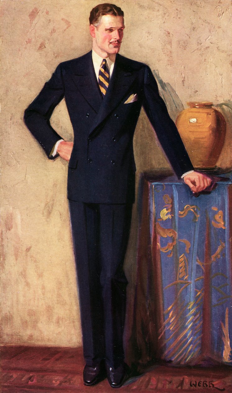 Illustration af mand iført dobbeltradet jakkesæt, ca. 1925 (tryk) af A. Webb