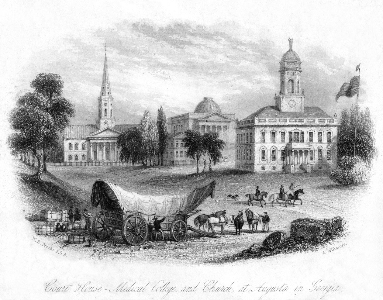 The Court House, Medical College and Church, Augusta, Georgia, USA, 1800-tallet. af A. Willmore