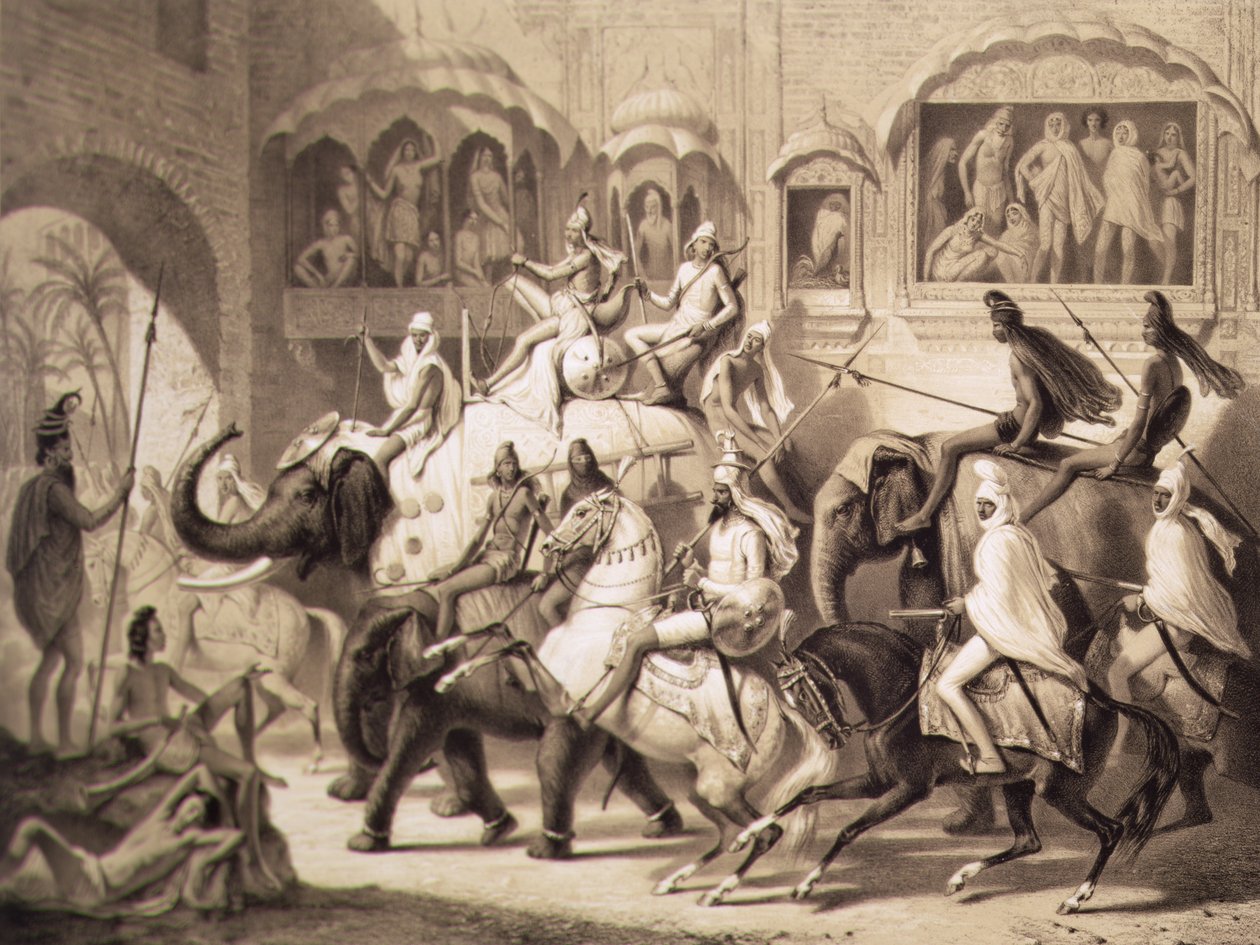En gade i Lahore, fra Voyage i Indien, indgraveret af Louis Henri de Rudder (1807-81) 1842 (tonet litho) af A. after Soltykoff