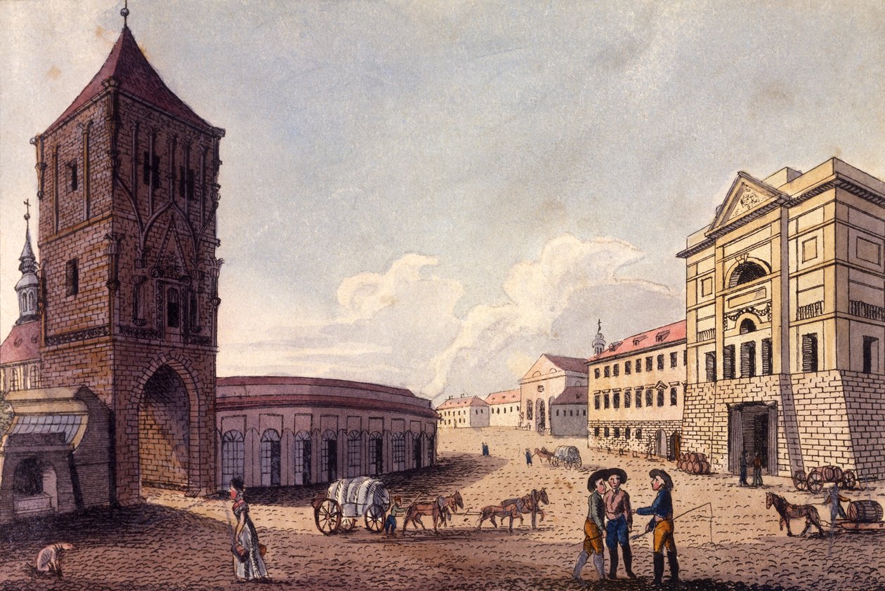 Krudttårnet og Hybern-toldhuset, Prag, ca. 1810 (farvet radering) af A. and Berka, Johann Gustav
