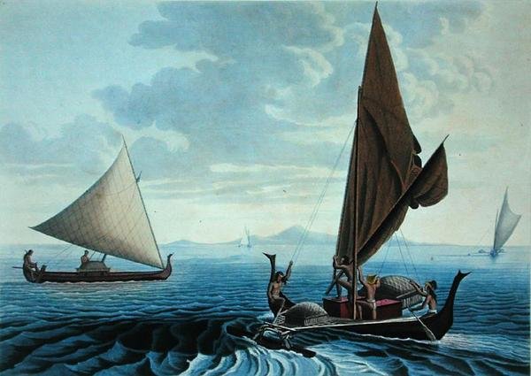 Udsigt over øen Tinian: Dugout-kanoer fra Caroline-øerne, fra 