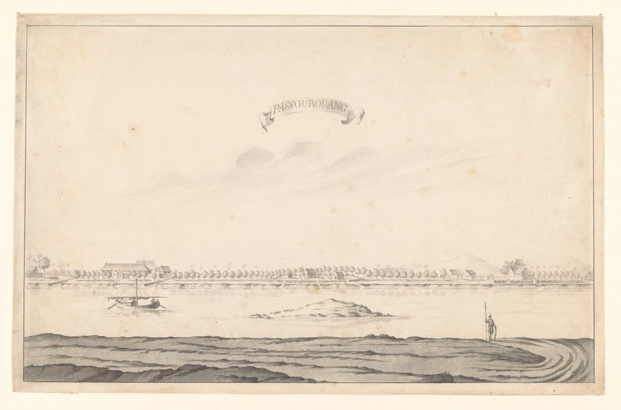 Udsigt over Passoean Passourouang (titel på objekt) af A. de Nelly (possibly)