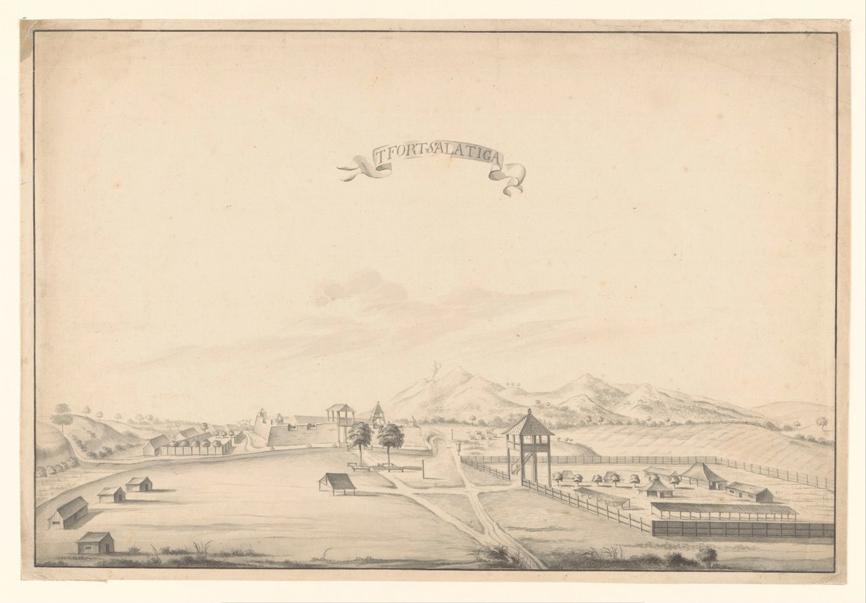 Udsigt over fæstningen Salatiga t Fort Salatiga (titel på objekt) af A. de Nelly (possibly)