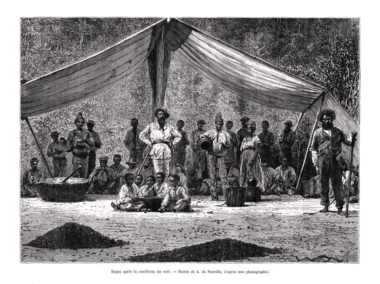 Et måltid efter kaffeindsamlingen, Brasilien, 1800-tallet af A. de Neuville