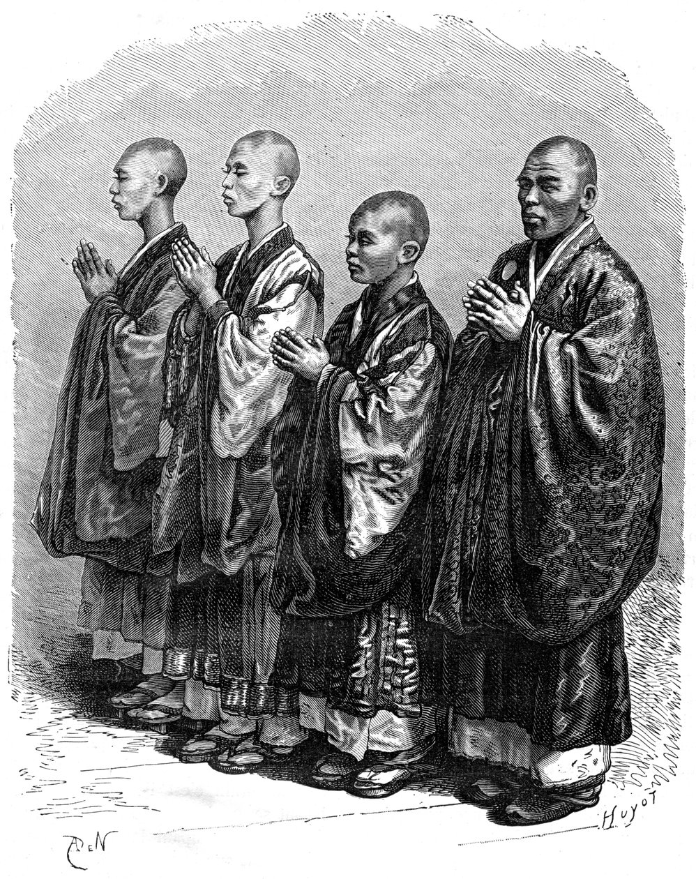 Buddhister i bøn, Japan, 1800-tallet. af A. de Neuville