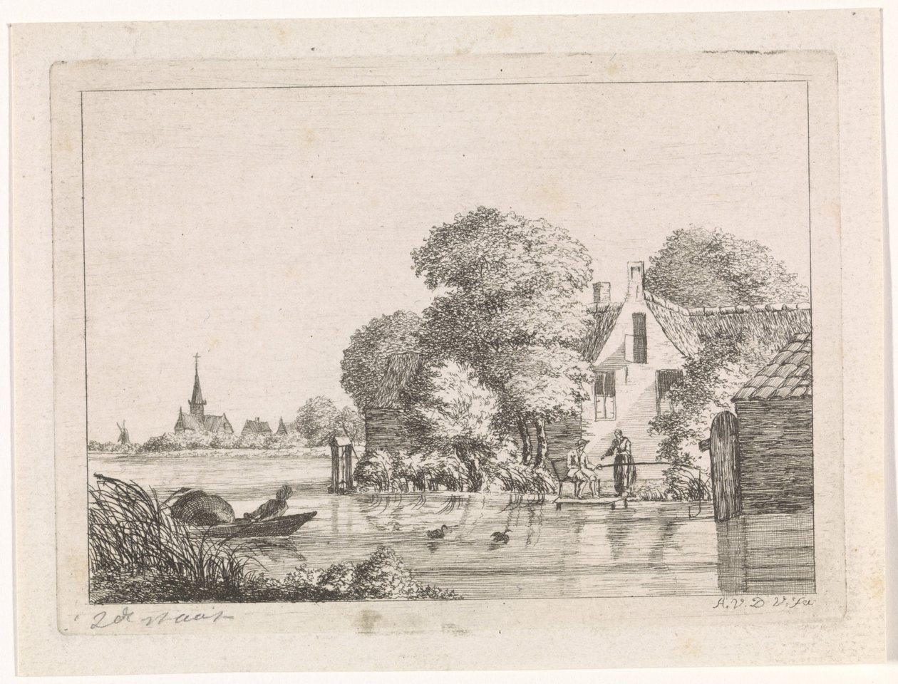 Lystfisker og en kvinde foran et hus af A. van de Velde