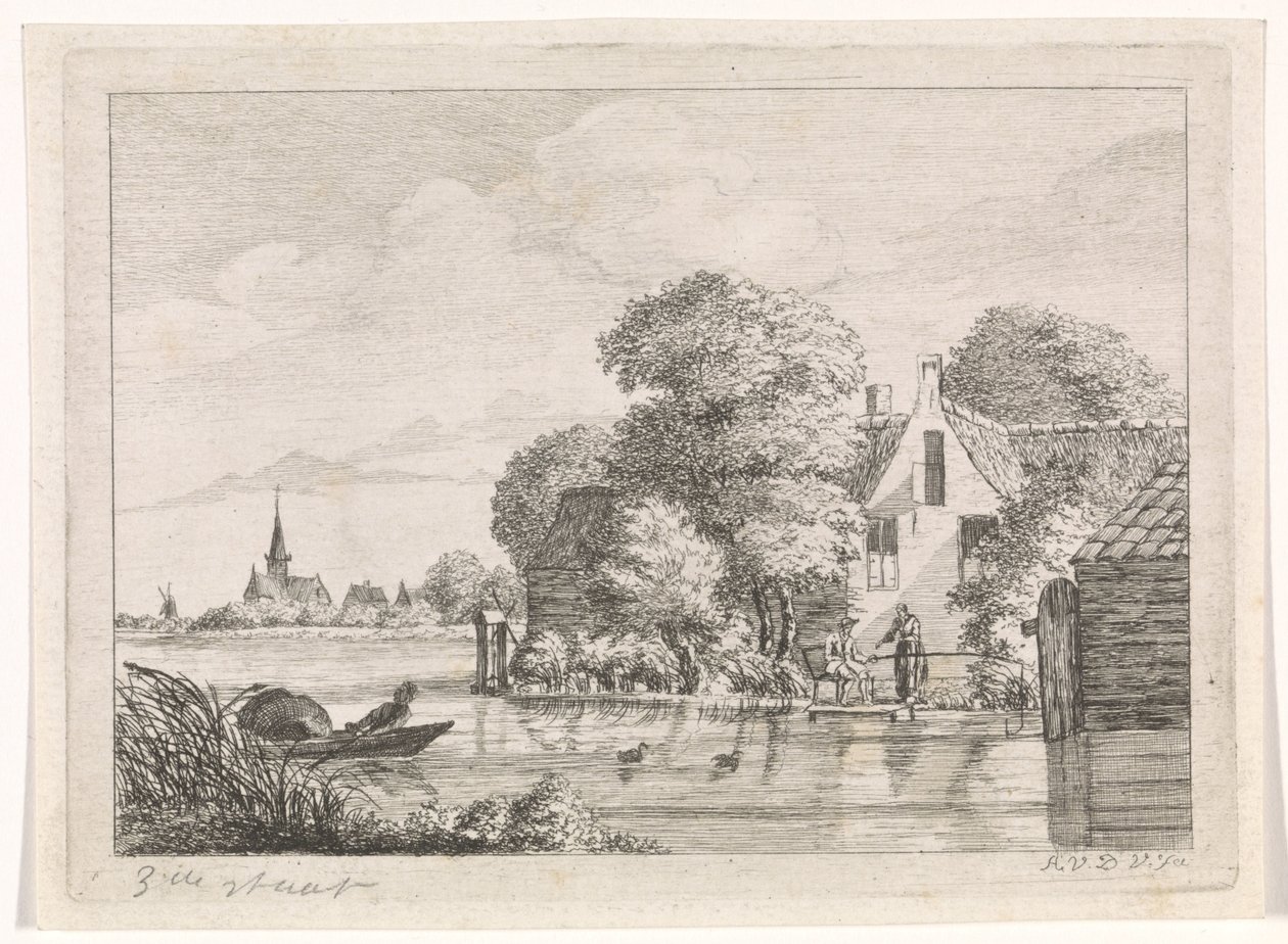Lystfisker og en kvinde foran et hus af A. van de Velde