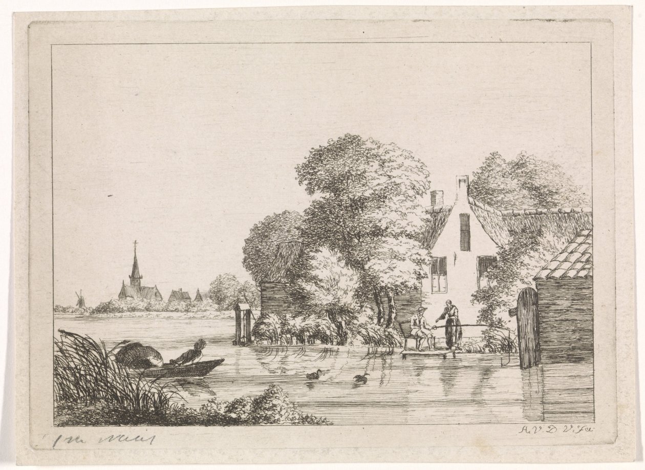 Lystfisker og en kvinde foran et hus af A. van de Velde