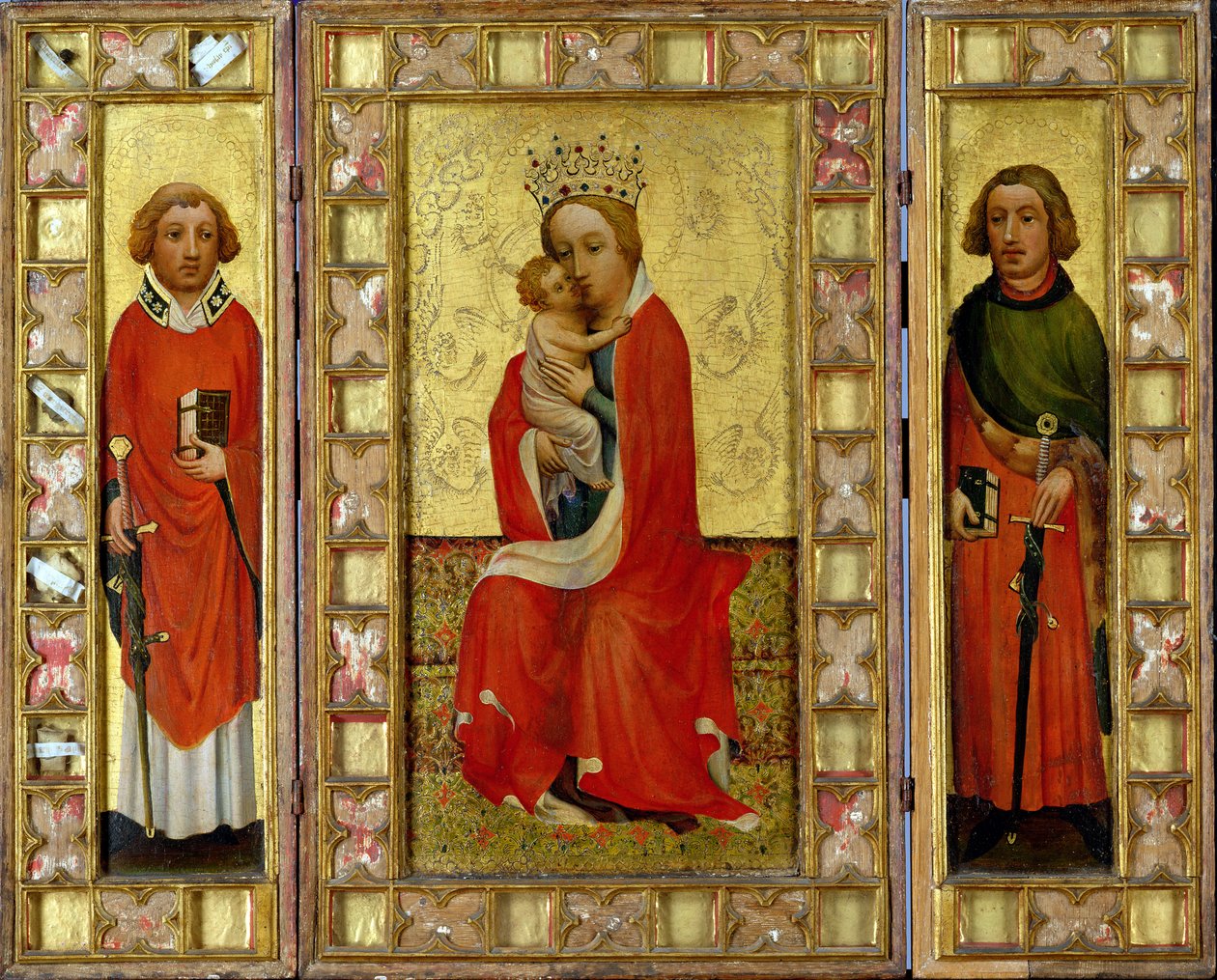Madonna og barn med de hellige Cyricus og Pancratius, ca. 1380 (tempera og bladguld på panel) af Aachen Master