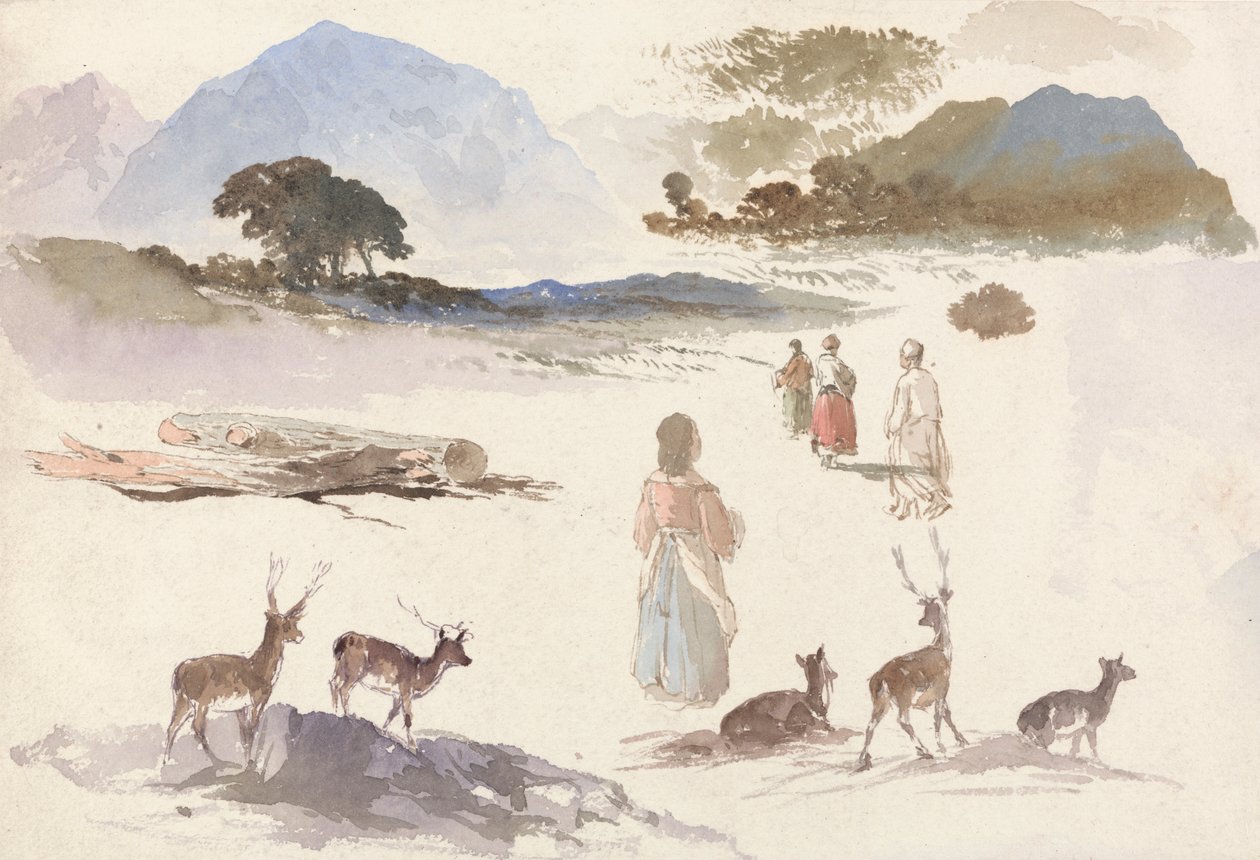 Ark med undersøgelser af hjorte, figurer og landskab af Aaron Edwin Penley