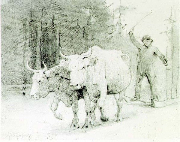 En fransk bonde driver okser (kul på papir) af Abbott Handerson Thayer