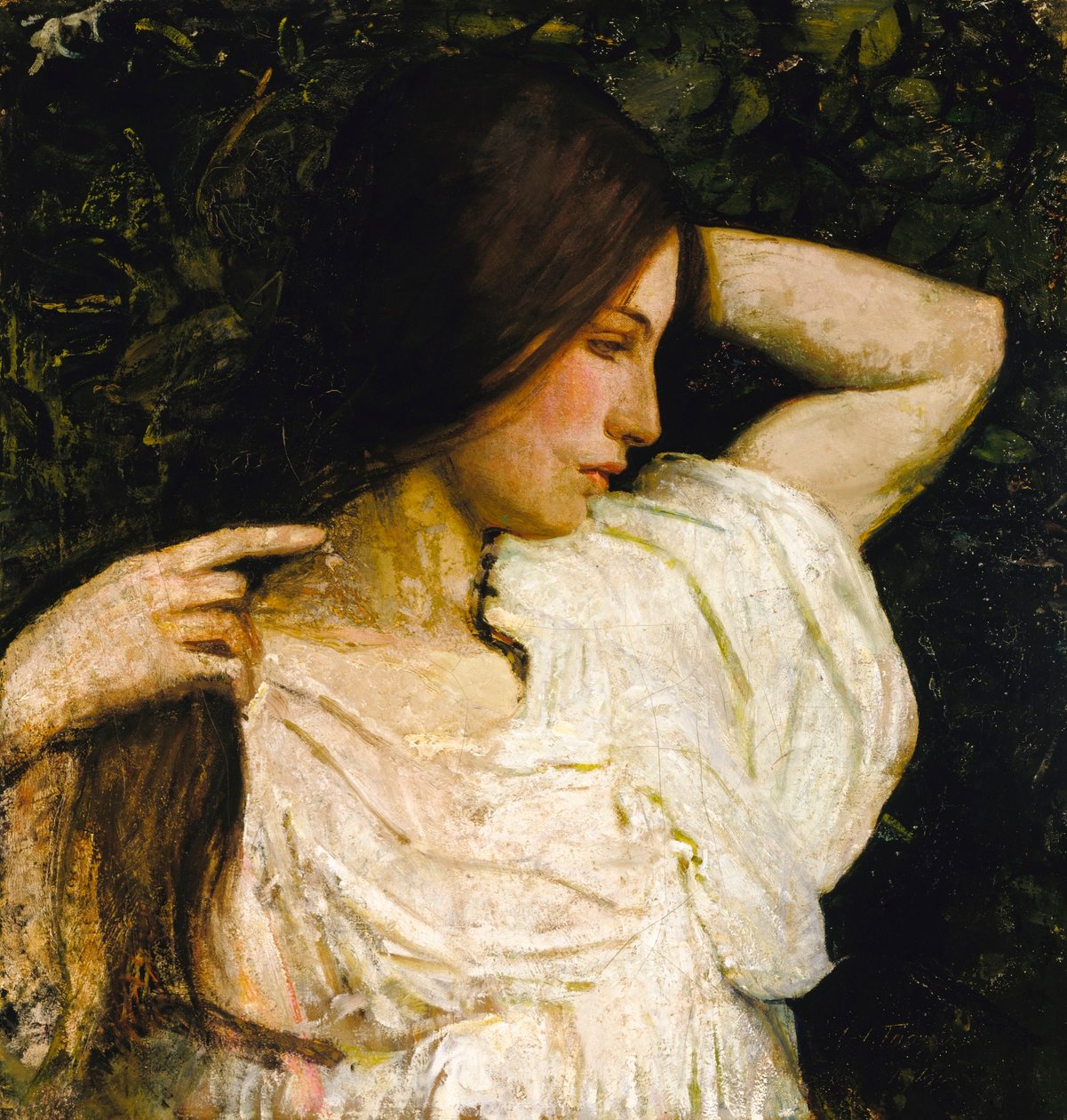 Pige ordner sit hår af Abbott Handerson Thayer
