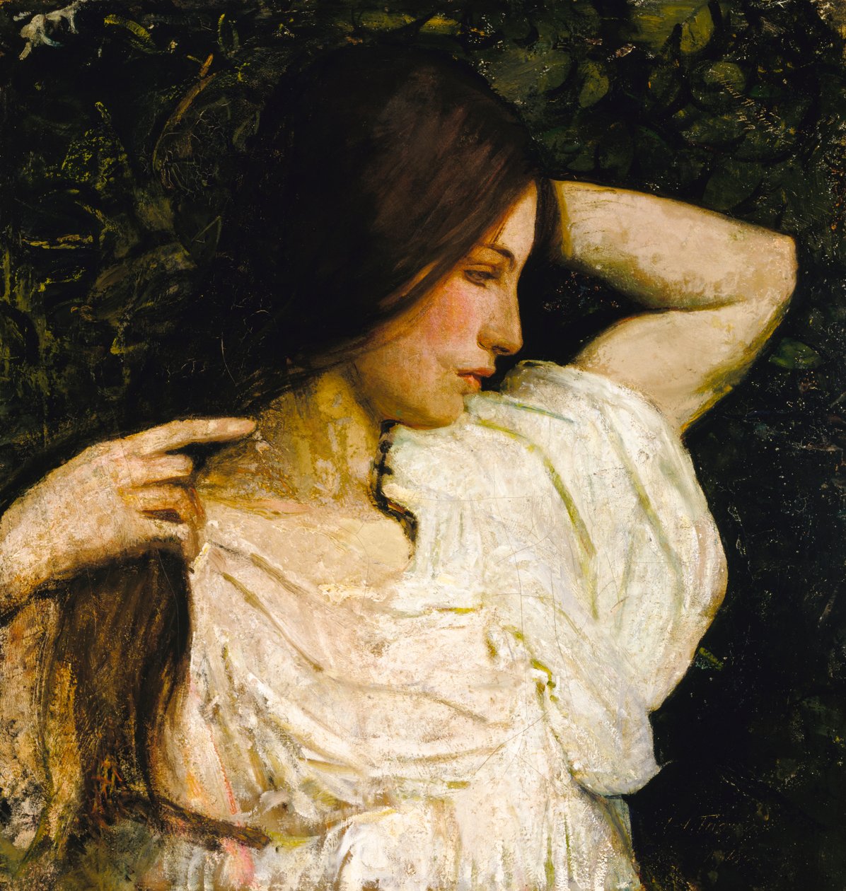 Pige arrangerer sit hår, 1918-1919. af Abbott Handerson Thayer