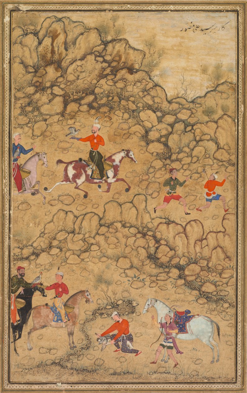 Jagt med falke i et landskab, Verso: Kalligrafi af Chaghatai tyrkiske digte..., ca. 1558-60. af Abd al Samad
