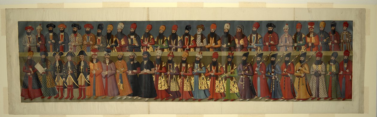 Eller. 1242 Kopi af det store vægmaleri i Nigaristan Palace. Court of Fath Ali Shah med britiske udsendinge Sir John Malcolm, Sir Harford Jones Brydges og Sir Gore Ouseley af Abdallah (after) Khan