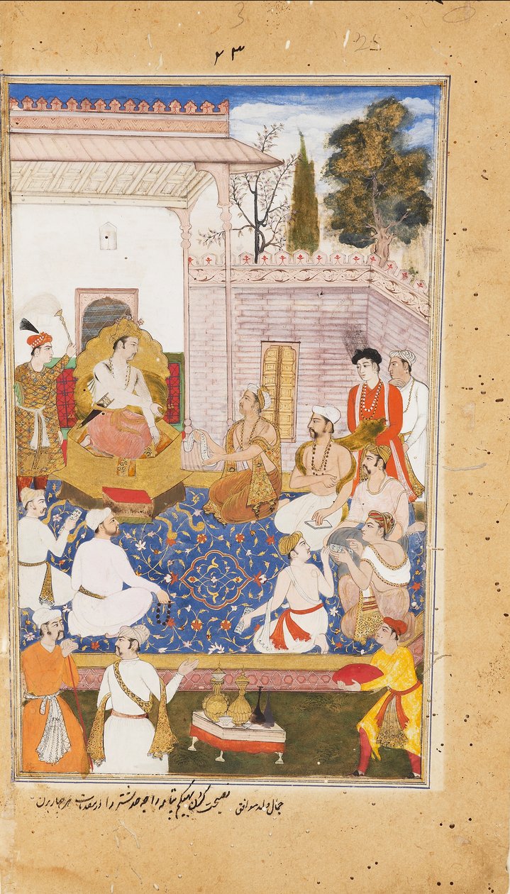 Bhishma rådgiver Yudhishthira om karakteren af de fire varnaer eller kaster, 1598 af Abdul Rahim Khan I Khana