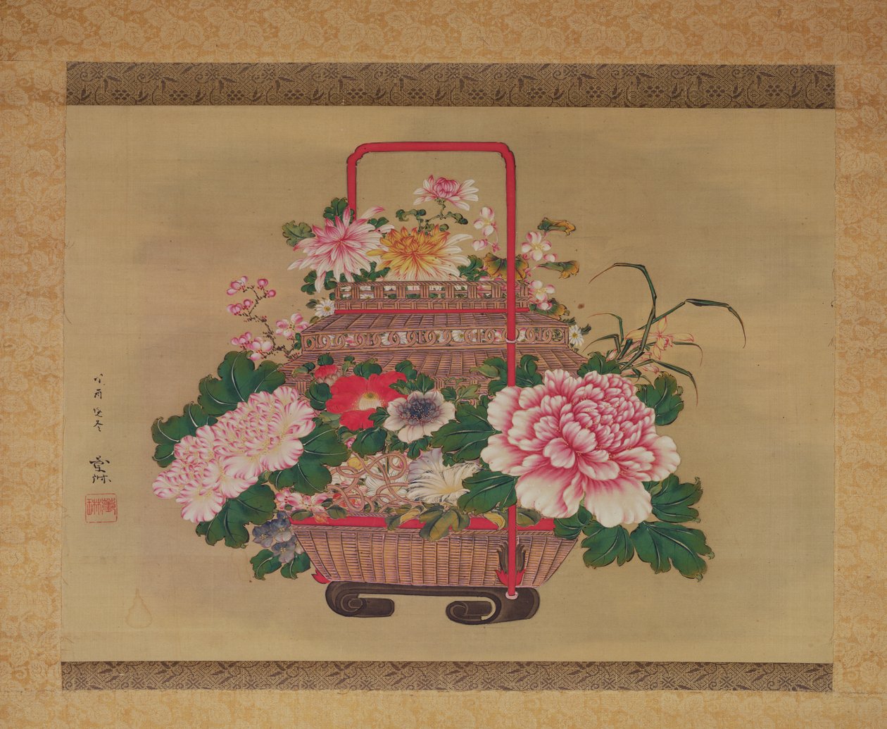 Kurv med blomster, 1837 (blæk og farver på silke) af Abe Kan Torin