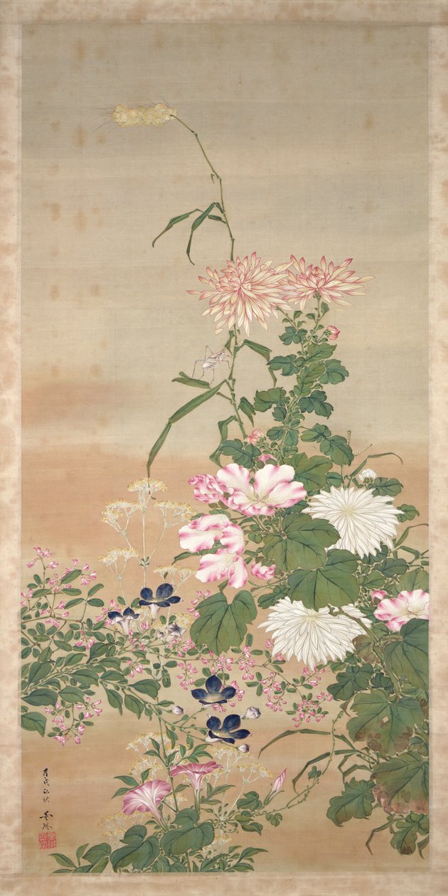 Blomster i efteråret, 1826 (blæk, farver og guld på silke) af Abe Kan Torin