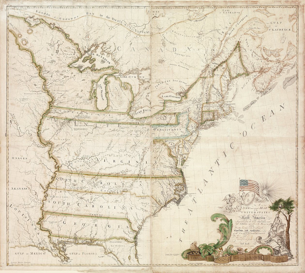 Amerikas første nationale kort, 1784 af Abel Buell